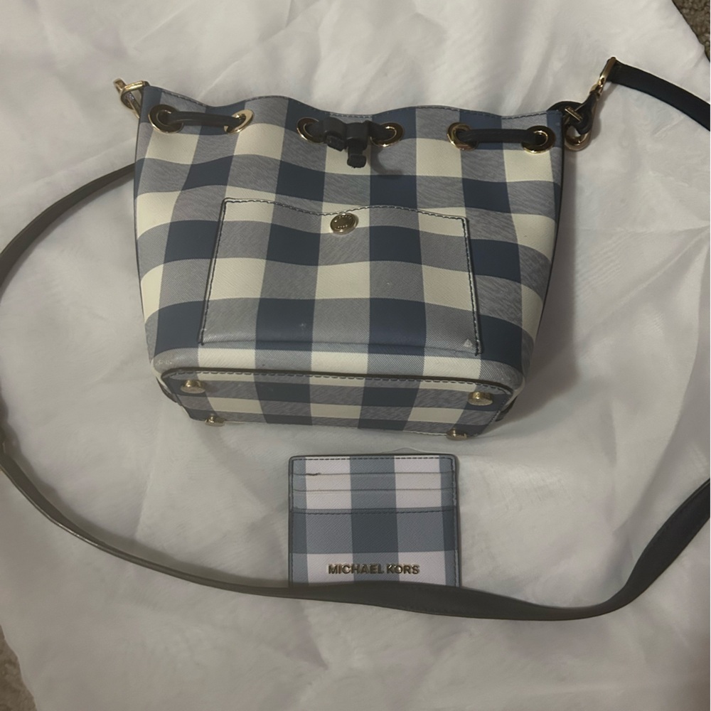 Michael Kors Blue & White Plaid Drawstring Crossbody with Card Case